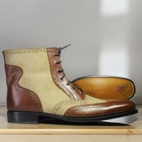 Handmade Ankle High Brown Beige Lace Up Leather Suede Boot, Classic Boot - Thumbnail 1