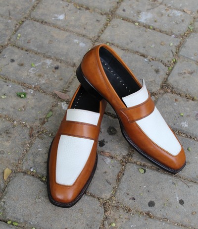  Crafted Leather Classic Brown White Leather Moccasin Loafers Formal Dress Shoes