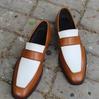  Crafted Leather Classic Brown White Leather Moccasin Loafers Formal Dress Shoes - Thumbnail 4