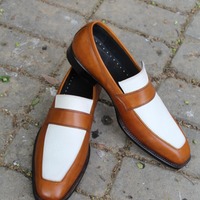  Crafted Leather Classic Brown White Leather Moccasin Loafers Formal Dress Shoes - Thumbnail 5