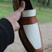  Crafted Leather Classic Brown White Leather Moccasin Loafers Formal Dress Shoes - Thumbnail 6