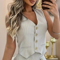 Elegant Women'S Beige Striped Sleeveless Two Piece Set - Thumbnail 1