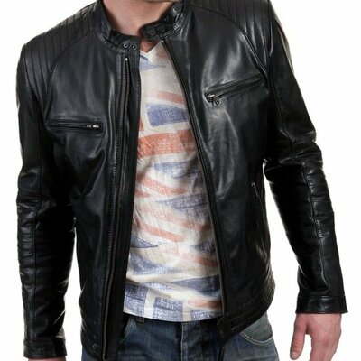 Men's genuine lambskin leather jacket black biker motorcycle slim jacket