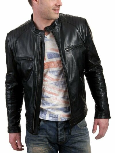 Men's Genuine Lambskin Leather Jacket Black Biker Motorcycle Slim jacket