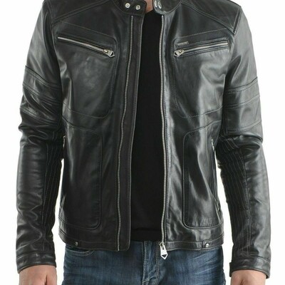 Mens leather jacket motorcycle biker real lambskin biker