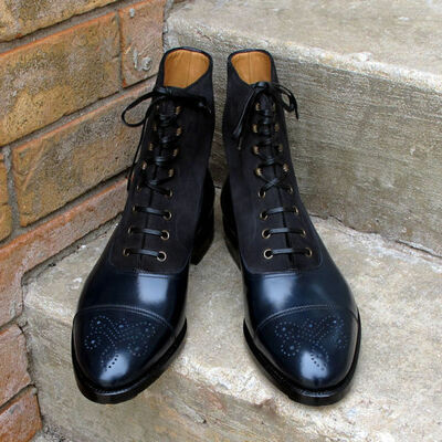 Stylish blue black medallion toe high ankle genuine leather handmade men boots