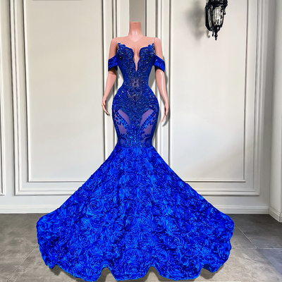Long prom dresses 2024 luxury sheer o-neck off the shoulder sparkly diamond black girl royal blue prom gala formal gowns，1062