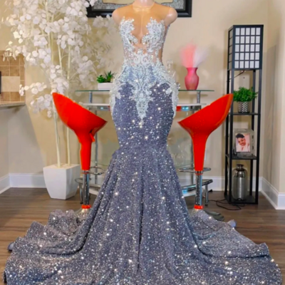Shinning grey sequin mermaid prom dresses 2023 luxury o neck lace appliques plus size birthday party gowns for arabic women，1063