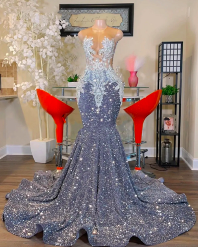 Shinning Grey Sequin Mermaid Prom Dresses 2023 Luxury O Neck Lace Appliques Plus Size Birthday Party Gowns For Arabic Women，1063