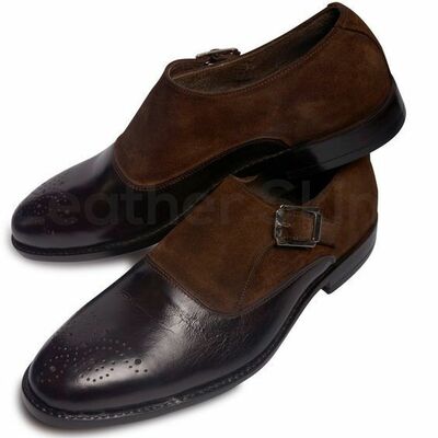 Men brown brogue single monk suede and genuine leather shoes