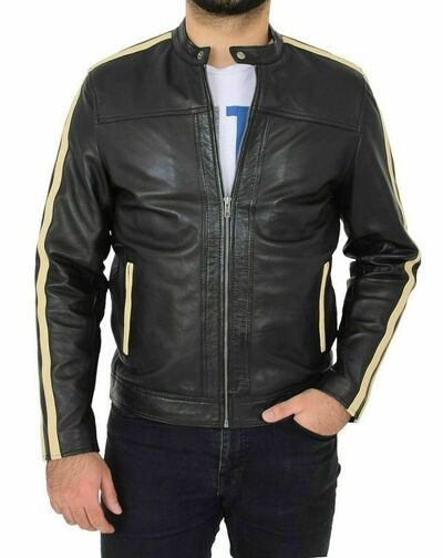 Classic men's sheepskin 100% leather jacket biker motorcycle slim fit black