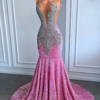 Real Picture Long Prom Dresses 2024 Sexy Mermaid Style Sheer Mesh Luxury Silver Diamond Black Girls Pink Sequined Prom Gala Gown，1780 - Thumbnail 6