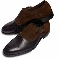 Men Brown Brogue Single Monk Suede and Genuine Leather Shoes - Thumbnail 1