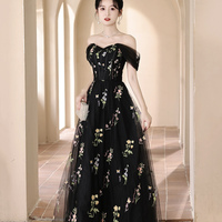 Black Floral Tulle Floor Length Prom Dress - Thumbnail 1