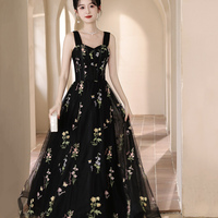 Black Floral Tulle Floor Length Prom Dress - Thumbnail 2