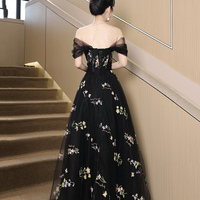 Black Floral Tulle Floor Length Prom Dress - Thumbnail 4
