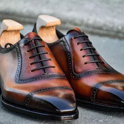 Handmade men's brown leather oxford chiseled cap toe lace up formal dress shoes