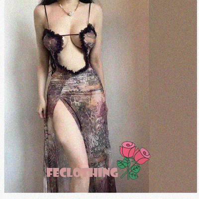 Loose navel-baring suspender dress with ruffles and print - Thumbnail 3