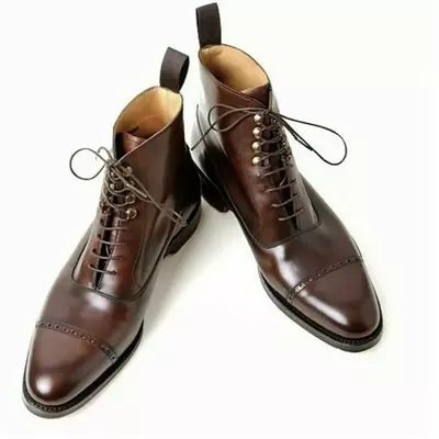 New handmade men's brown cap toe ankle dress boot men lace up leather ankle boot