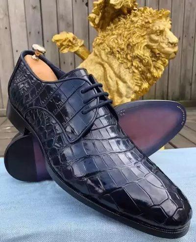 New Men's Handmade Black Crocodile Embossed Calfskin Leather Oxford Dress Shoes