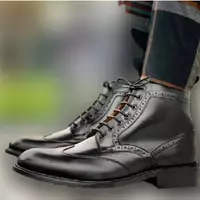 New Handmade Men's Black Leather Brogue Boots, Men Leather High Ankle Boots - Thumbnail 1