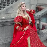 Vintage Medieval Fantasy Ball Gown Wedding Dresses Victorian Halloween Bridal Party Gowns Robes Soiree Red Plus Size - Thumbnail 1