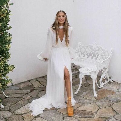 Simple boho beach wedding dresses  train bridal dress