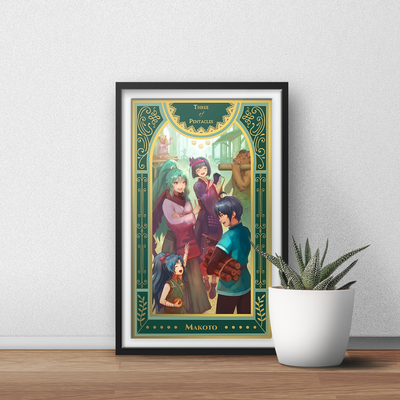 Tsukimichi Moonlit Fantasy Art Print | Gold Metallic Ink | Makoto, Mio, Tomoe | Isekai Tarot Collector Print