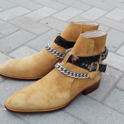 Crafted leather new handmade pure suede leather beige stylish chain ankle high strap boot for men