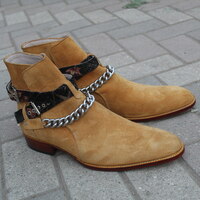 Crafted Leather New Handmade Pure Suede Leather Beige Stylish Chain Ankle High Strap Boot for Men - Thumbnail 1