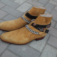 Crafted Leather New Handmade Pure Suede Leather Beige Stylish Chain Ankle High Strap Boot for Men - Thumbnail 2