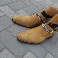 Crafted Leather New Handmade Pure Suede Leather Beige Stylish Chain Ankle High Strap Boot for Men - Thumbnail 3