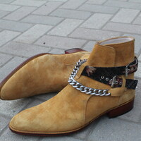 Crafted Leather New Handmade Pure Suede Leather Beige Stylish Chain Ankle High Strap Boot for Men - Thumbnail 5