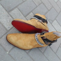 Crafted Leather New Handmade Pure Suede Leather Beige Stylish Chain Ankle High Strap Boot for Men - Thumbnail 6