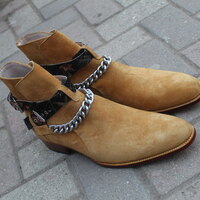 Crafted Leather New Handmade Pure Suede Leather Beige Stylish Chain Ankle High Strap Boot for Men - Thumbnail 7