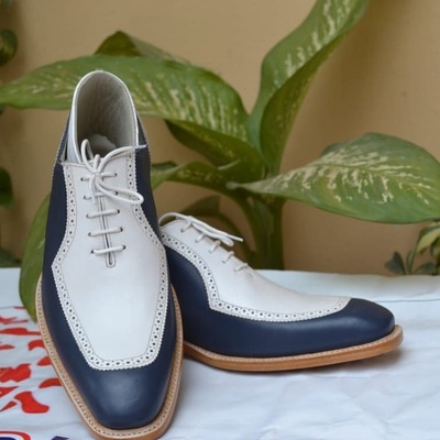 Crafted Leather Superior Two Tone White Blue Leather Apron Toe Men's Oxford Lace Up Dress Shoes