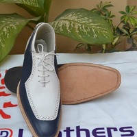 Crafted Leather Superior Two Tone White Blue Leather Apron Toe Men's Oxford Lace Up Dress Shoes - Thumbnail 1