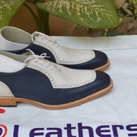 Crafted Leather Superior Two Tone White Blue Leather Apron Toe Men's Oxford Lace Up Dress Shoes - Thumbnail 3