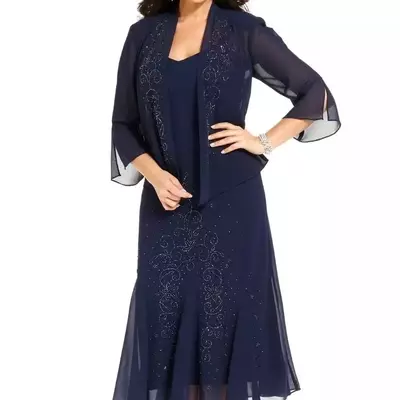 Navy blue chiffon tea length mother of the bride/ groom dresses with jacket 3/4 long sleeves beaded plus size mother groom formal evening wear