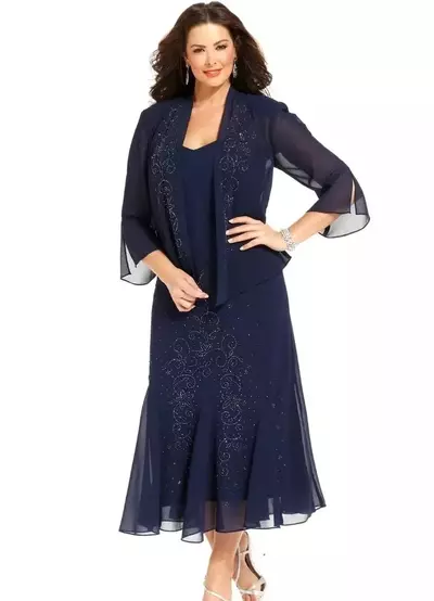 Navy Blue Chiffon Tea Length Mother of the Bride/ Groom Dresses with Jacket 3/4 Long Sleeves Beaded Plus Size Mother Groom Formal Evening Wear