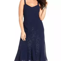 Navy Blue Chiffon Tea Length Mother of the Bride/ Groom Dresses with Jacket 3/4 Long Sleeves Beaded Plus Size Mother Groom Formal Evening Wear - Thumbnail 2