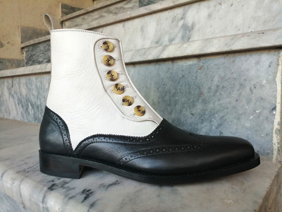 Handmade Men’s Ankle High Wing Tip Boot Men’s Black White Button Top Boot
