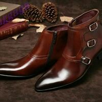Mens Handmade Boots Brown Triple Monk Leather Ankle Formal Wear Casual Shoes - Thumbnail 1