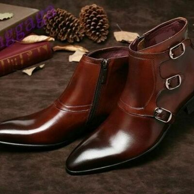 Mens handmade boots brown triple monk leather ankle formal wear casual shoes