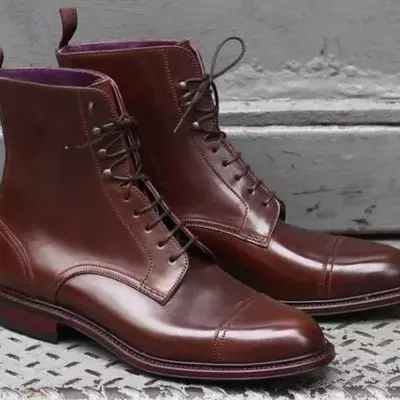 Handmade men brown color leather ankle boots, new men leather lace up boots