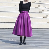 Purple A-line Satin Skirt Outfit , Women Custom Plus Size Pleated Skirt , A-line Holiday Party Skirt with Pockets - Thumbnail 1