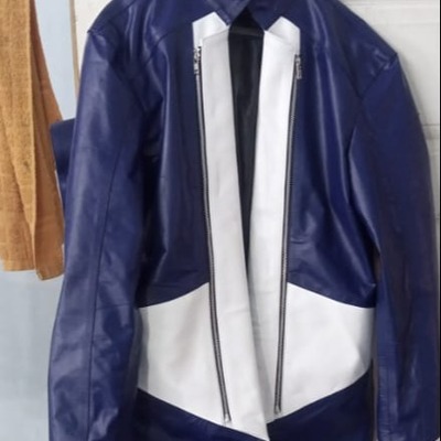 Crafted leather men fashion blue white leather long coat jacket motorcycle 