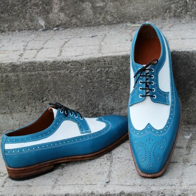 Crafted leather men blue white leather classic wingtip lace up dress shoes - Thumbnail 4