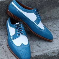 Crafted Leather Men Blue White Leather Classic Wingtip Lace up Dress Shoes - Thumbnail 2