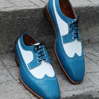 Crafted Leather Men Blue White Leather Classic Wingtip Lace up Dress Shoes - Thumbnail 3